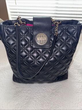 Kate Spade Quilted Black Leather Tote Bag with Chain Straps